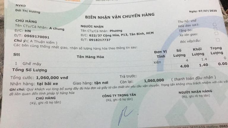 Biên lai giao vận chuyển hàng